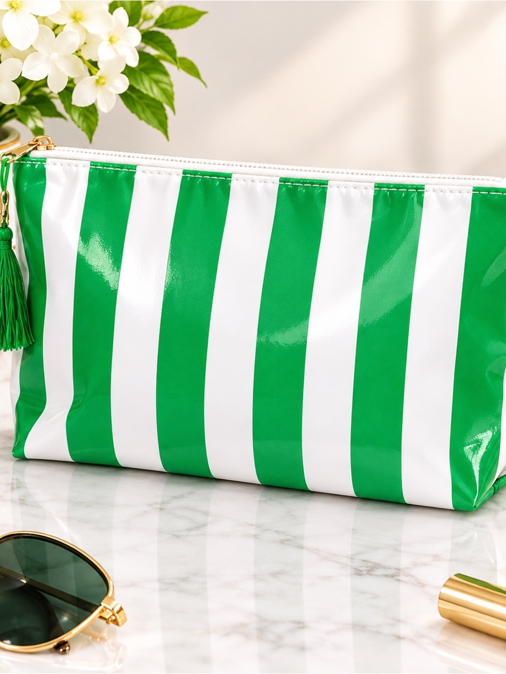Striped Green & White Cosmetic Pouch